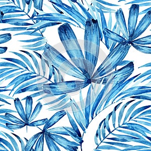 Watercolor tropical leaves seamless pattern. Watercolour palm leaves painting