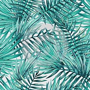 Watercolor tropical palm leaves seamless pattern.