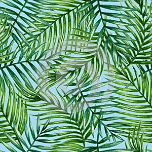 Watercolor tropical palm leaves seamless pattern.