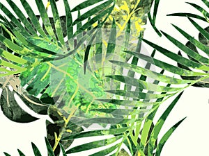 Watercolor tropical palm leaves seamless pattern.