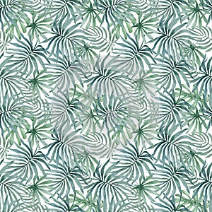 Watercolor tropical palm leaves seamless pattern. Hand drawn jungle illustration whte background.