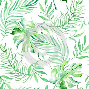 Watercolor tropical palm leaves seamless pattern. Tropical palm leaves, jungle leaf seamless floral pattern background