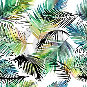 Watercolor tropical palm leaves seamless pattern. Vector illustration.