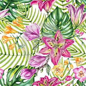 Watercolor tropical pattern with flowers, palm leaves, monstera