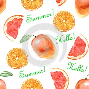 Watercolor tropical pattern with orange on a white background