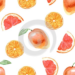 Watercolor tropical pattern with orange on a white background