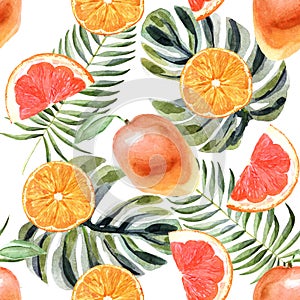 Watercolor tropical pattern with orange on a white background