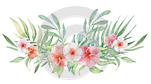 Watercolor tropical plants bouquet. Exotic flowers and leaves,