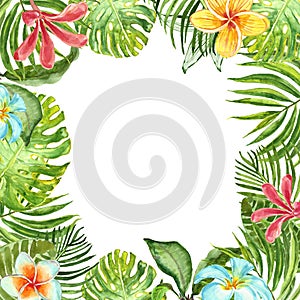 Watercolor tropical plants frame with green exotic plants, leaves and flowers. Summer border design