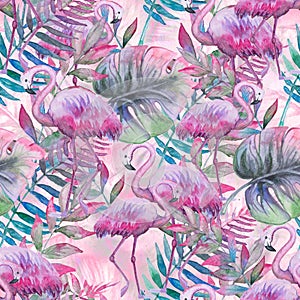 Watercolor tropical seamless floral pattern. Colorful paint background. Purple, pink and green texture. Floral mix