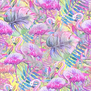 Watercolor tropical seamless floral pattern. Colorful paint background. Purple, pink and green texture. Floral mix