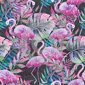 Watercolor tropical seamless floral pattern. Colorful paint background. Purple, pink and green texture. Floral mix