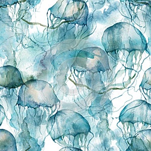 Watercolor tropical seamless pattern of blue jellyfish. Underwater animals isolated on white background. Aquatic