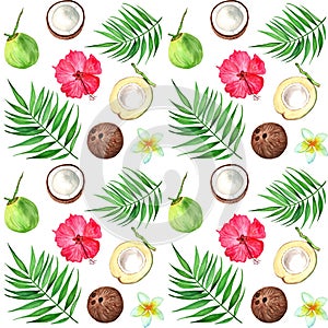 Watercolor tropical seamless pattern with coconut, plumerias and palm leaves