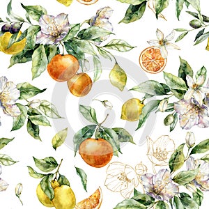 Watercolor tropical seamless pattern of gold linear flowers, lemons, oranges and leaves. Hand painted branch of fruits