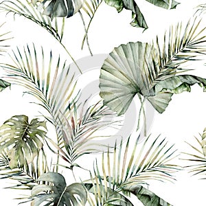 Watercolor tropical seamless pattern with monstera, banana and coconut leaves. Hand painted palm leaves isolated on