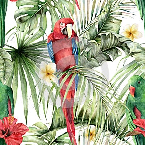 Watercolor tropical seamless pattern with parrots, hibiscus and plumeria. Hand painted birds, flowers and palm leaves