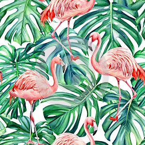 Watercolor tropical seamless pattern with pink flamingo and palm leaves, monstera leaf. Jungle design