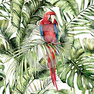 Watercolor tropical seamless pattern with red parrot and palm leaves. Hand painted birds and jungle tree leaves. Floral