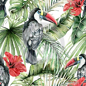 Watercolor tropical seamless pattern with toucans and hibiscus. Hand painted birds, flowers and jungle palm leaves