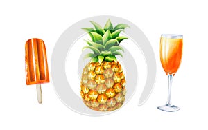 Watercolor tropical set of illustrations with fruit ice cream, glass goblet with orange cocktail and pineapple isolated