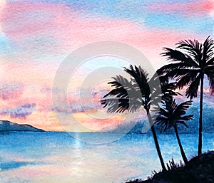 Watercolor tropical sunset landscape with silhouettes of palms