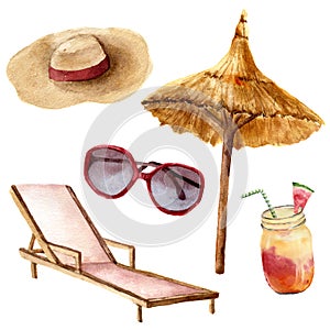 Watercolor tropical vacation set. Hand painted summer beach objects: sunglasses, beach umbrella, coctail, beach chair