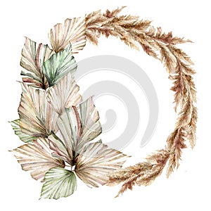 Watercolor tropical wreath with dry palm leaves and pampas grass. Hand painted exotic leaves isolated on white