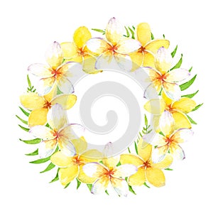 Watercolor tropical wreath with plumeria flowers and leaves. Can be used for cards, wedding invitation, save the dat