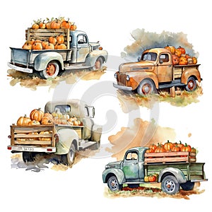 Watercolor truck with pumpkin, card farming festive farmhouse, october,