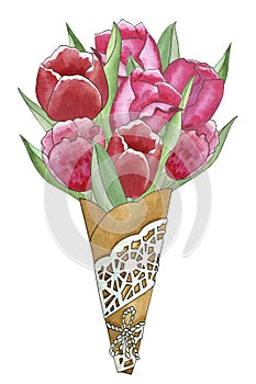 Watercolor tulip bouquet in craft paper cone