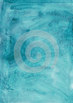 Watercolor turquoise background texture. Aquarelle sea green stains on paper. Marine color backdrop