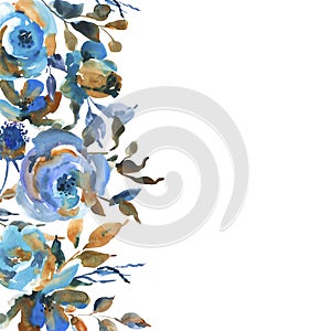 Watercolor turquoise roses, wildflowers, vintage greeting card. Natural blue floral design elements isolated on white background