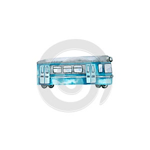 Watercolor turquoise train. Hand drawn illustration isolated on white. Icon of locomotive