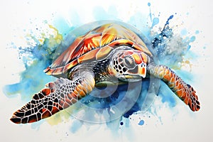 watercolor Turtle illustration with splash watercolor textured background