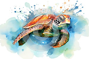 watercolor Turtle illustration with splash watercolor textured background