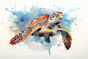 watercolor Turtle illustration with splash watercolor textured background