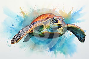 watercolor Turtle illustration with splash watercolor textured background