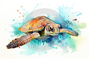 watercolor Turtle illustration with splash watercolor textured background