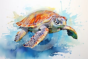 watercolor Turtle illustration with splash watercolor textured background