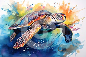 watercolor Turtle illustration with splash watercolor textured background