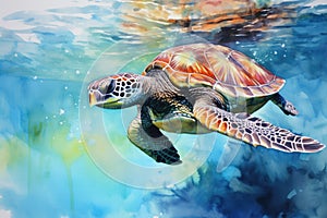 watercolor Turtle illustration with splash watercolor textured background