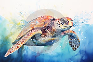 watercolor Turtle illustration with splash watercolor textured background