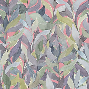 watercolor twigs with leaves of different colors on a colored background vector seamless pattern. Living wall of plants, hedge of