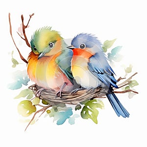 watercolor two birds on the nest on white background generative AI