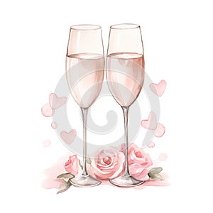 Watercolor Two Champagne Glasses Flutes with Roses leaves flowers Valentine's Day, Engagement, Wedding, Celebration