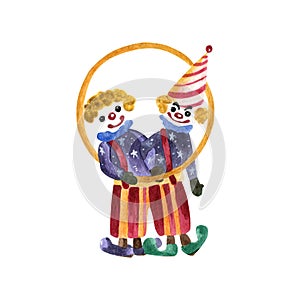 Watercolor two clowns with a circle illustration