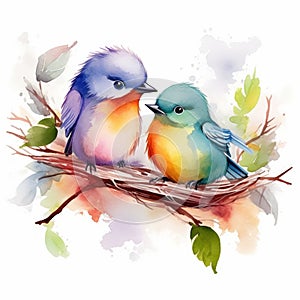 watercolor two colorful birds on the nest on white background generative AI