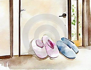 Watercolor of two pairs of slippers by the bedroom door
