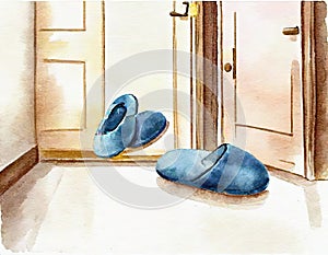 Watercolor of two pairs of slippers by the bedroom door